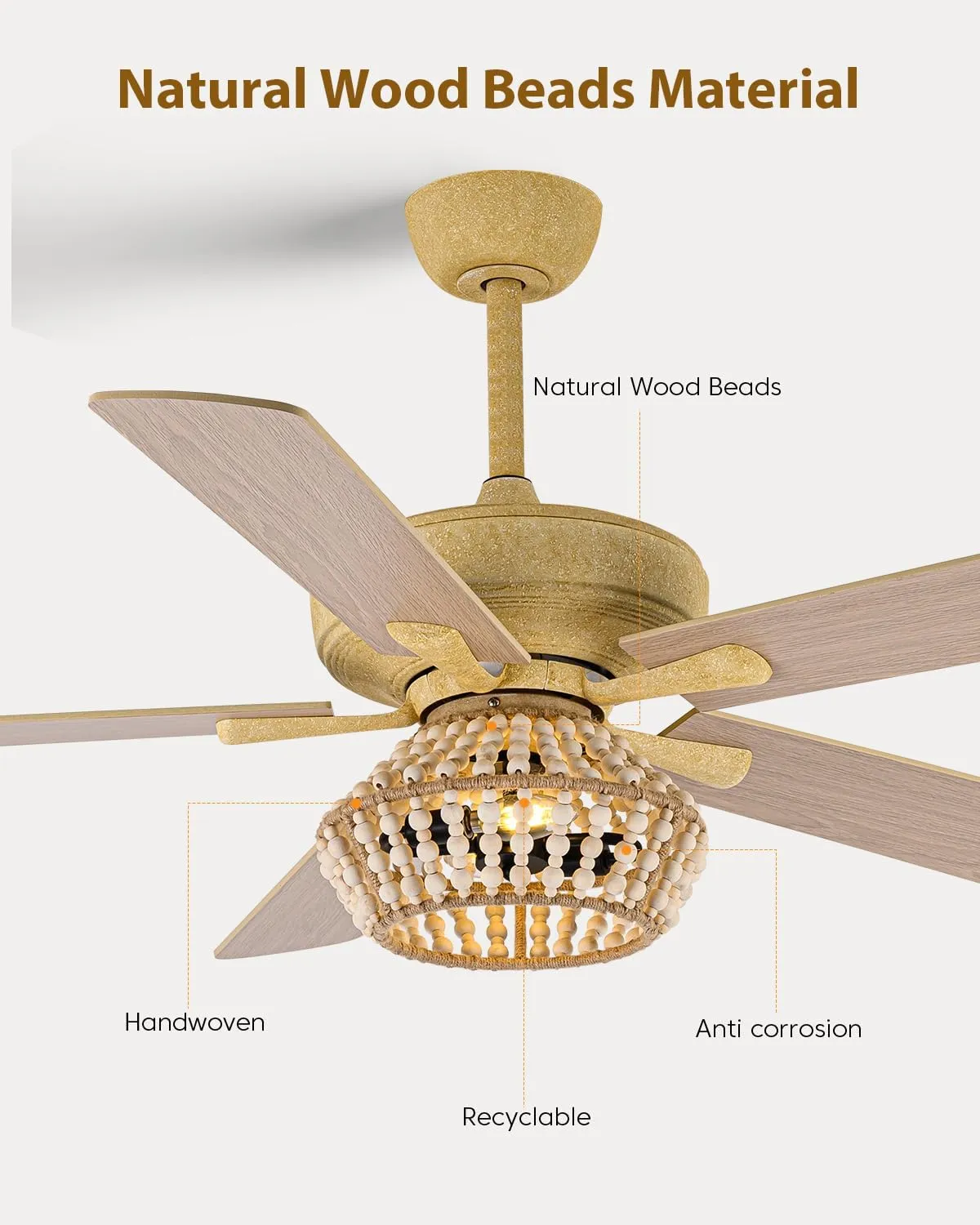 52 Inch Farmhouse Ceiling Fan with Light, Caged Wood Beaded Ceiling Fans with Lights and Remote for Indoor & Outdoor, Dual-Sided Blades Caged Black Ceiling Fan for Bedroom Living Room and Patio