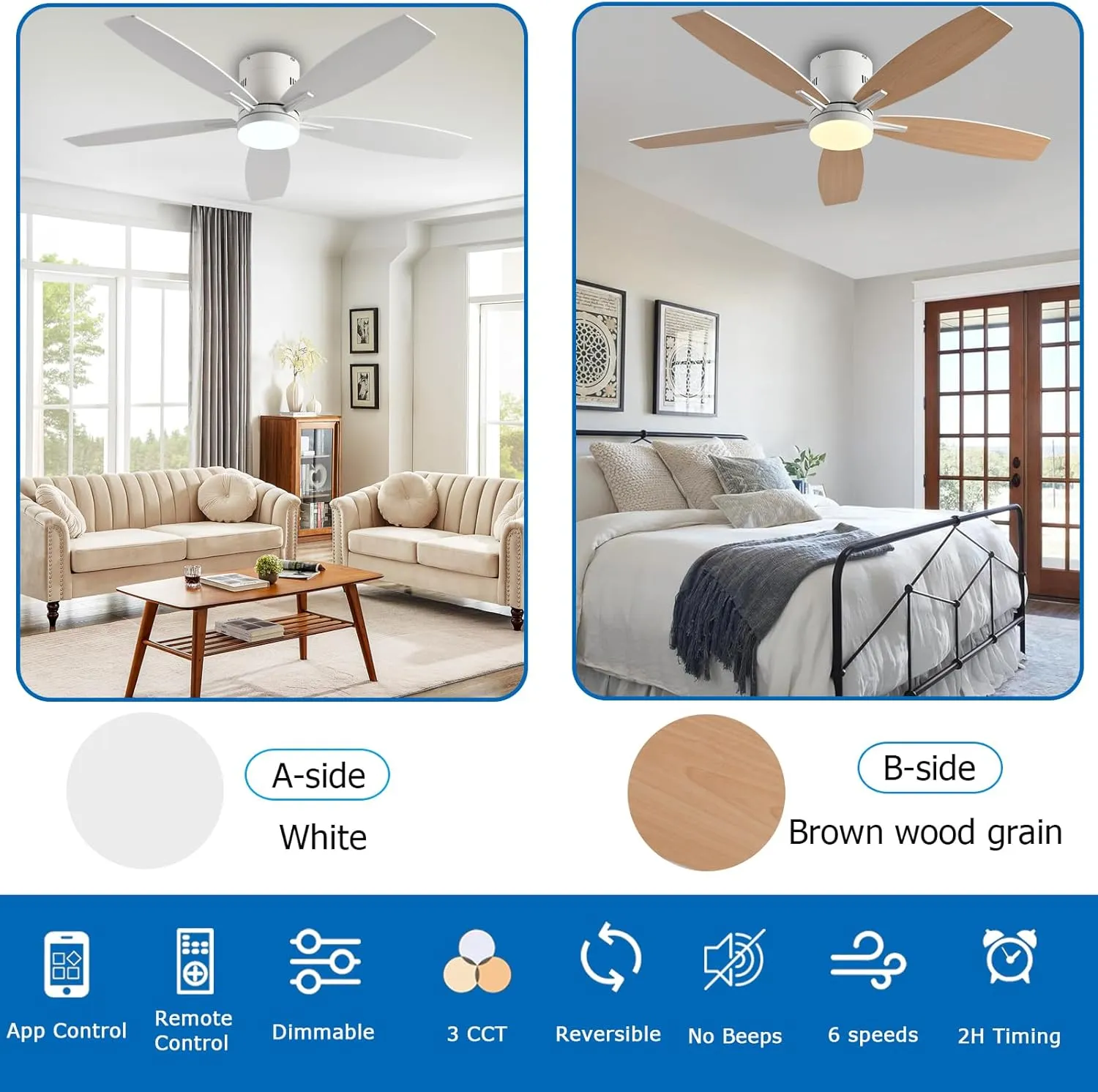 52 Inch Low Profile Ceiling Fan with Light and Remote/App Control,Ceiling Fans with Lights, 3CCT,Dimmable,Noiseless,Flush Mount,White Ceiling Fan for Indoor/Outdoor Use
