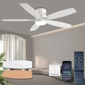 52 Inch Low Profile Ceiling Fan with Light and Remote/App Control,Ceiling Fans with Lights, 3CCT,Dimmable,Noiseless,Flush Mount,White Ceiling Fan for Indoor/Outdoor Use App-controlled remote fan for convenience