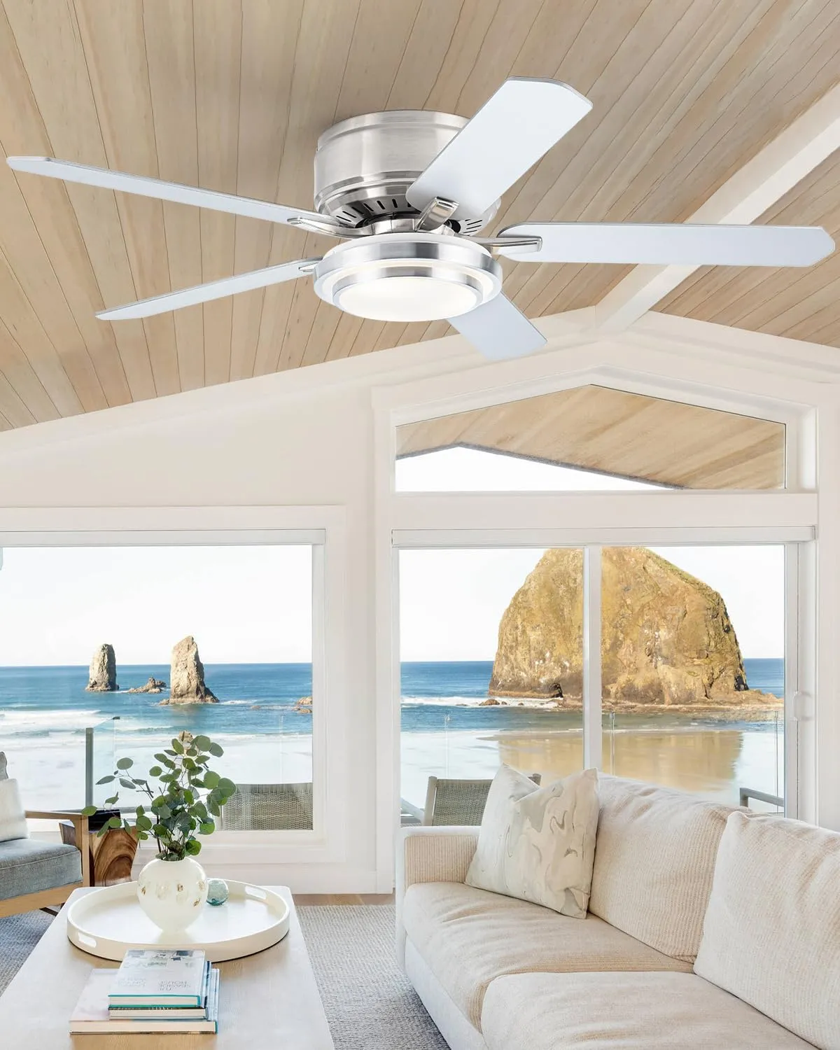 52 Inch Low Profile Ceiling Fan with Light, Flush Mount Ceiling Fans with Lights and Remote, Indoor & Outdoor Modern Silver Ceiling Fan for Bedroom, Living Room, 6 Speed, High Airflow, Timer