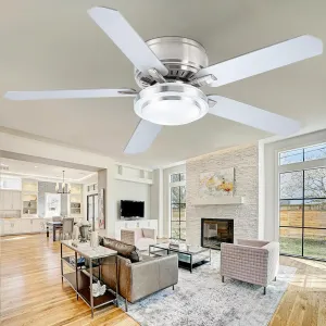 52 Inch Low Profile Ceiling Fan with Light, Flush Mount Ceiling Fans with Lights and Remote, Indoor & Outdoor Modern Silver Ceiling Fan for Bedroom, Living Room, 6 Speed, High Airflow, Timer Fan with safety blade design