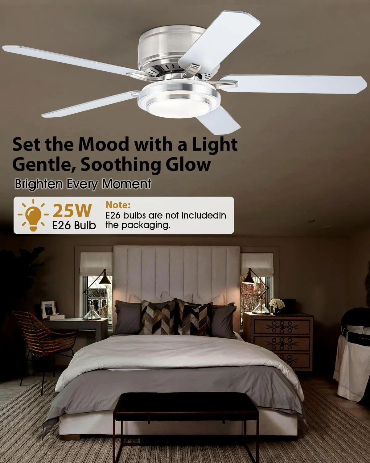 52 Inch Low Profile Ceiling Fan with Light, Flush Mount Ceiling Fans with Lights and Remote, Indoor & Outdoor Modern Silver Ceiling Fan for Bedroom, Living Room, 6 Speed, High Airflow, Timer