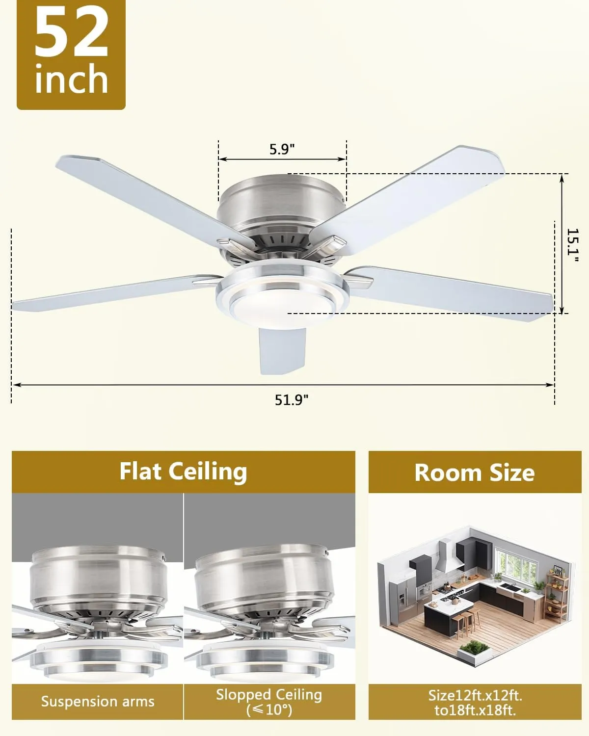 52 Inch Low Profile Ceiling Fan with Light, Flush Mount Ceiling Fans with Lights and Remote, Indoor & Outdoor Modern Silver Ceiling Fan for Bedroom, Living Room, 6 Speed, High Airflow, Timer