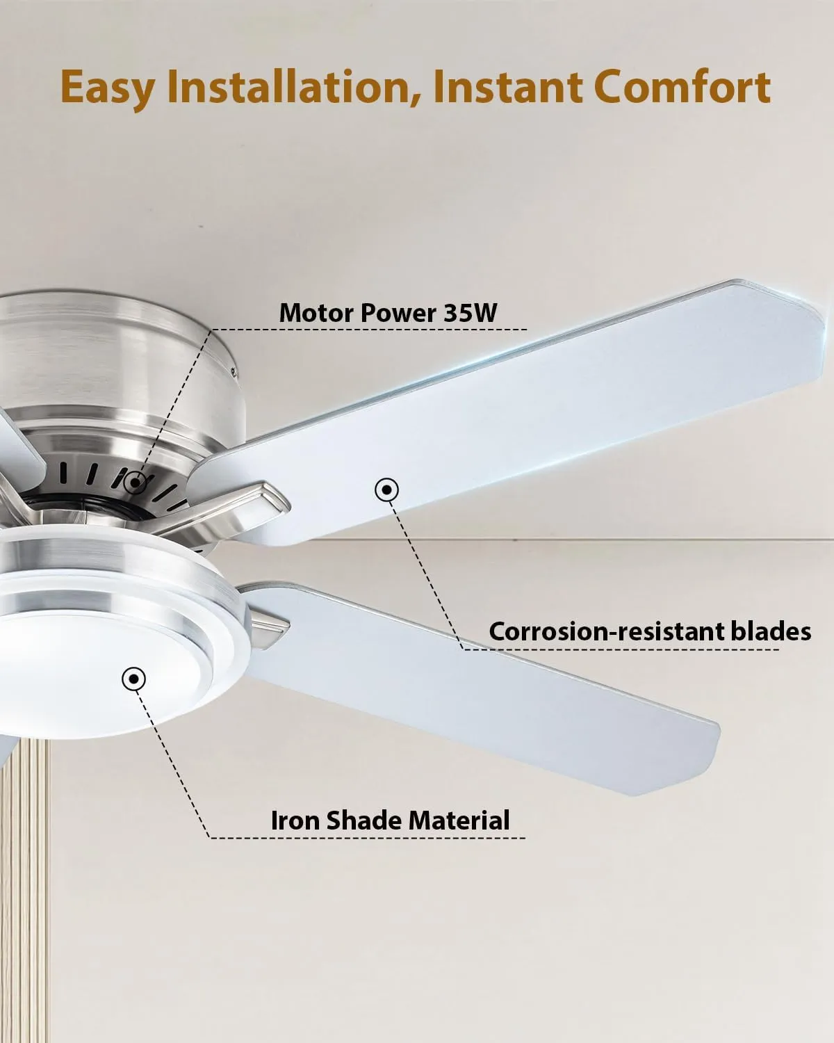 52 Inch Low Profile Ceiling Fan with Light, Flush Mount Ceiling Fans with Lights and Remote, Indoor & Outdoor Modern Silver Ceiling Fan for Bedroom, Living Room, 6 Speed, High Airflow, Timer