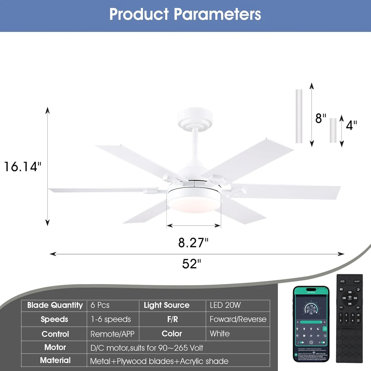 52 Inch White Ceiling Fans with Lights and Remote, Modern Outdoor Ceiling Fans with 3 Colors 6 Speeds, Reversible DC Motor