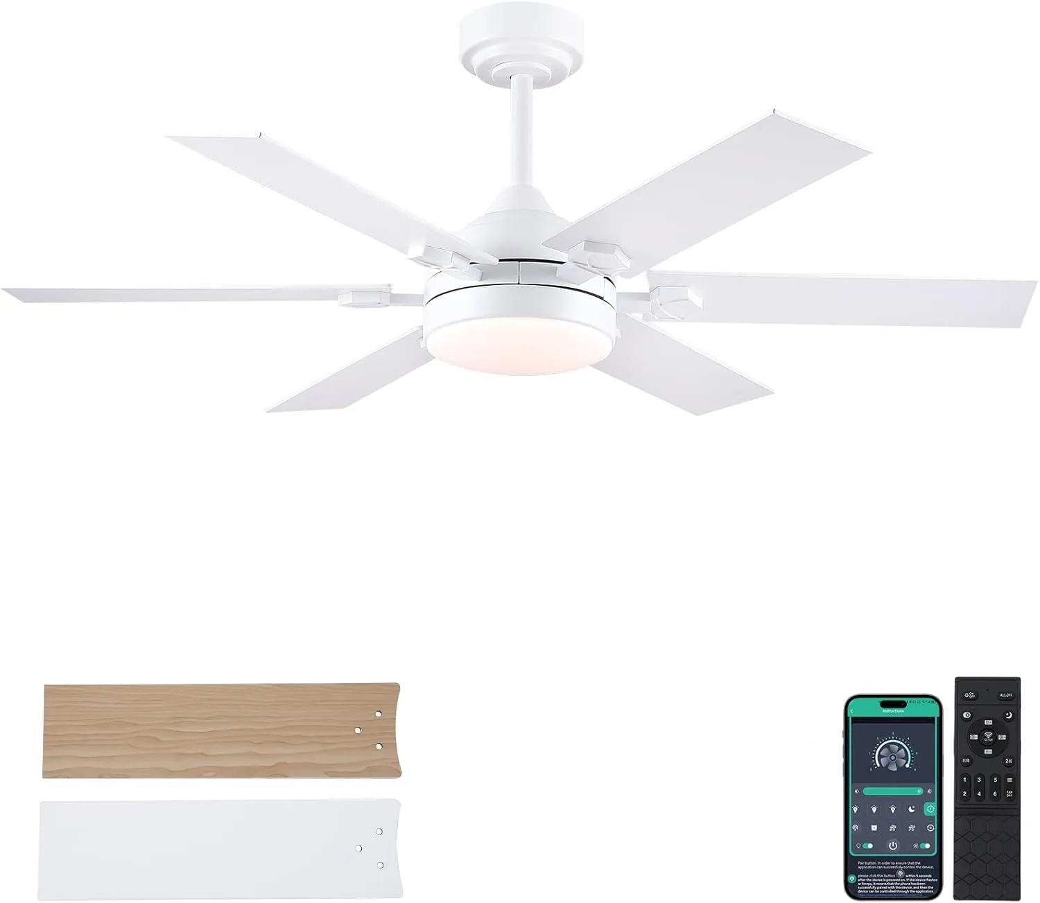 52 Inch White Ceiling Fans with Lights and Remote, Modern Outdoor Ceiling Fans with 3 Colors 6 Speeds, Reversible DC Motor Fan with safety blade design