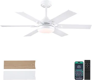 52 Inch White Ceiling Fans with Lights and Remote, Modern Outdoor Ceiling Fans with 3 Colors 6 Speeds, Reversible DC Motor Fan with safety blade design