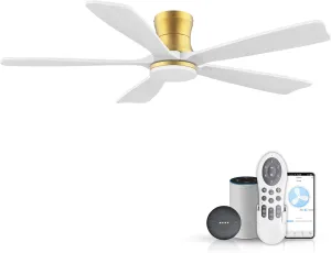 52 Inch Wood Smart Low Profile Ceiling Fans with Lights Remote,Control via WIFI Alexa Google App,6 Speed,Quiet DC Motor,Flush Mount Outdoor Indoor Ceiling Fan for Modern Bedroom Patio Porch,Gold White App-controlled remote fan for convenience