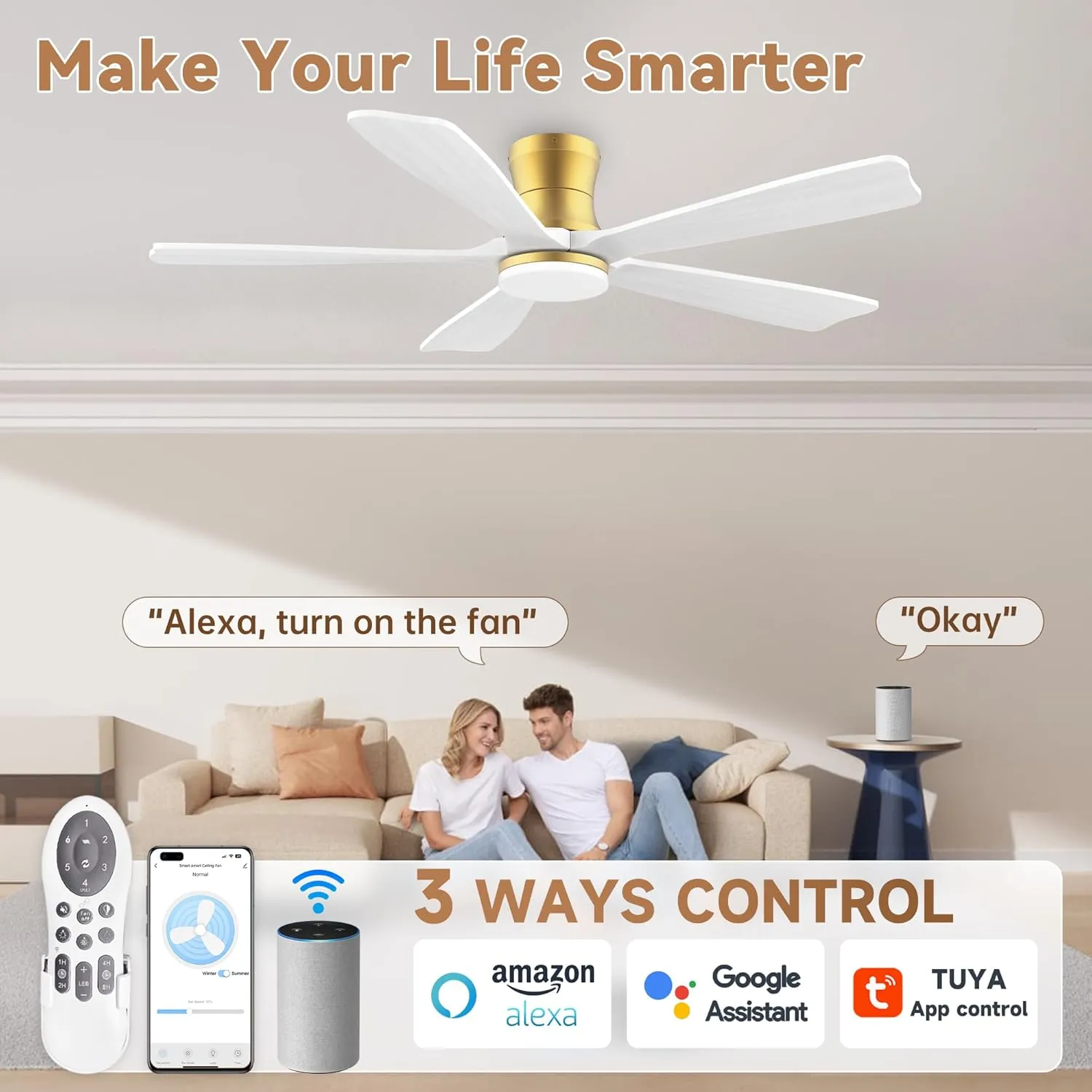 52 Inch Wood Smart Low Profile Ceiling Fans with Lights Remote,Control via WIFI Alexa Google App,6 Speed,Quiet DC Motor,Flush Mount Outdoor Indoor Ceiling Fan for Modern Bedroom Patio Porch,Gold White