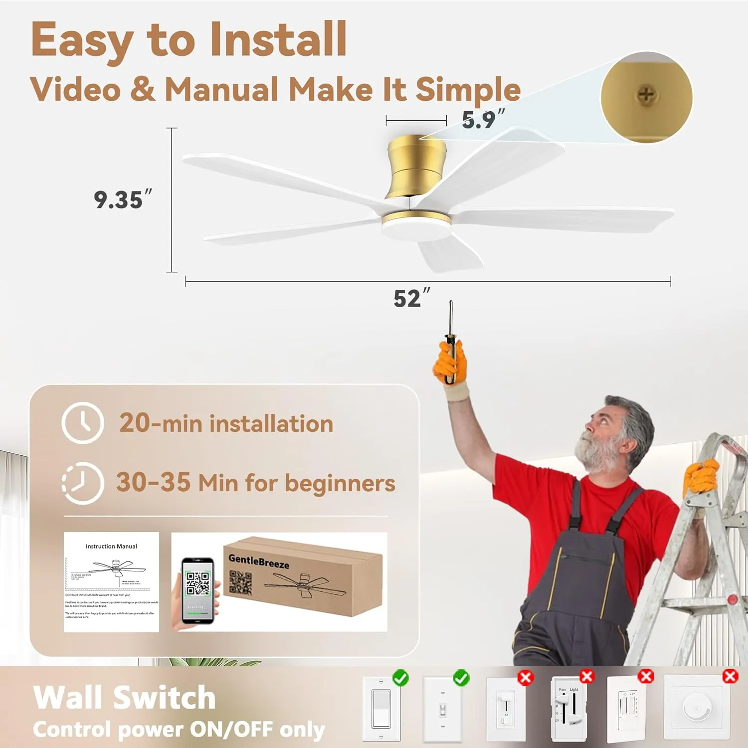 52 Inch Wood Smart Low Profile Ceiling Fans with Lights Remote,Control via WIFI Alexa Google App,6 Speed,Quiet DC Motor,Flush Mount Outdoor Indoor Ceiling Fan for Modern Bedroom Patio Porch,Gold White