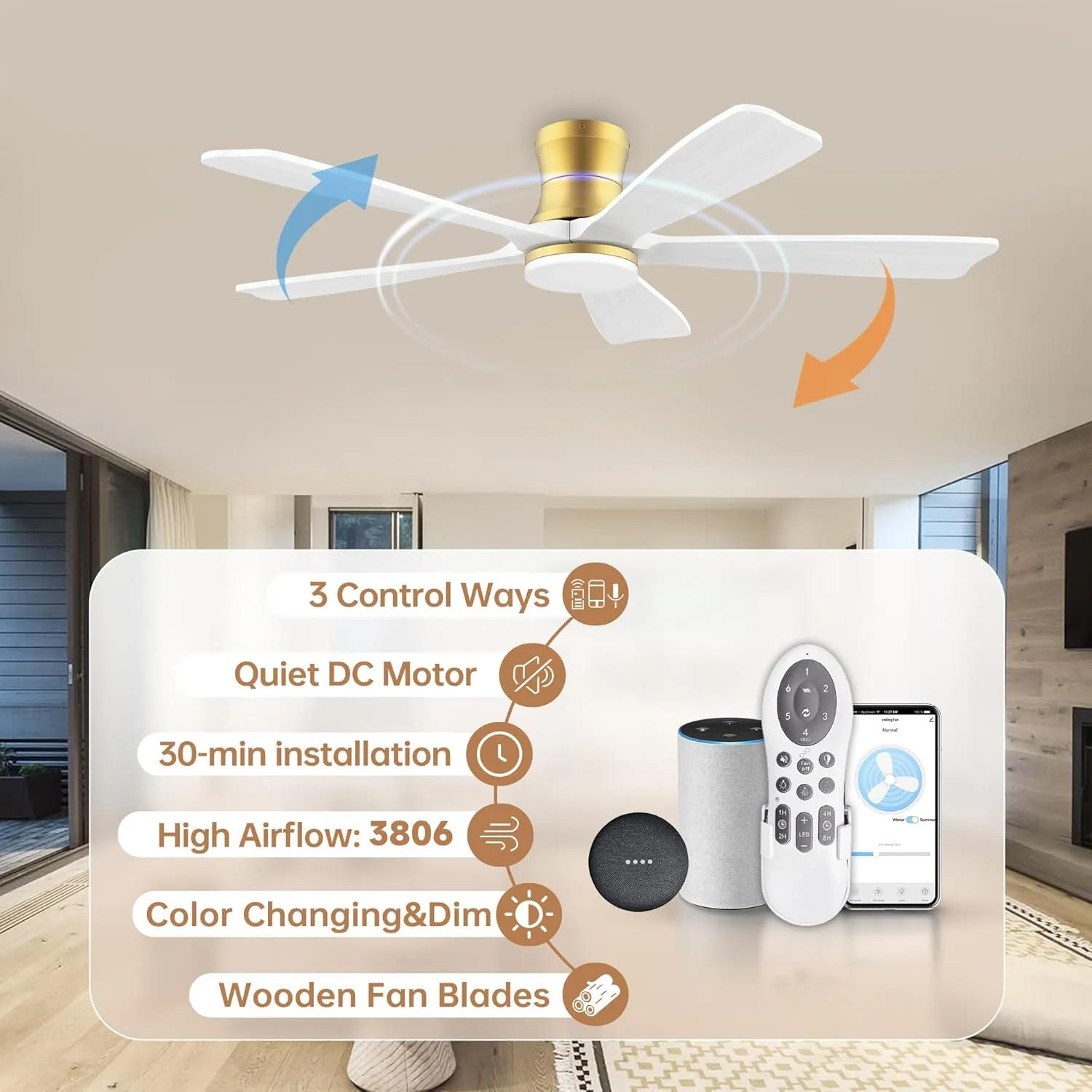 52 Inch Wood Smart Low Profile Ceiling Fans with Lights Remote,Control via WIFI Alexa Google App,6 Speed,Quiet DC Motor,Flush Mount Outdoor Indoor Ceiling Fan for Modern Bedroom Patio Porch,Gold White
