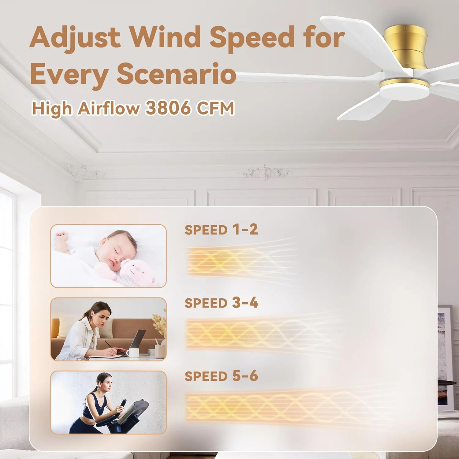 52 Inch Wood Smart Low Profile Ceiling Fans with Lights Remote,Control via WIFI Alexa Google App,6 Speed,Quiet DC Motor,Flush Mount Outdoor Indoor Ceiling Fan for Modern Bedroom Patio Porch,Gold White