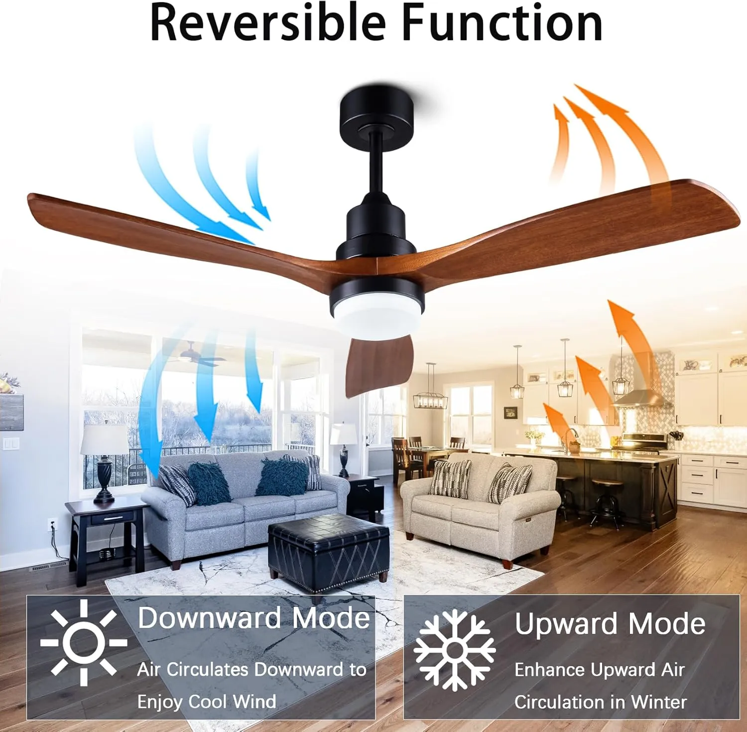 52 solid wood ceiling fans with light 6 speeds remote/app control, solid wood ceiling fan with memory led dimmable color adjustable, quiet ceiling fan for living room, dining room.