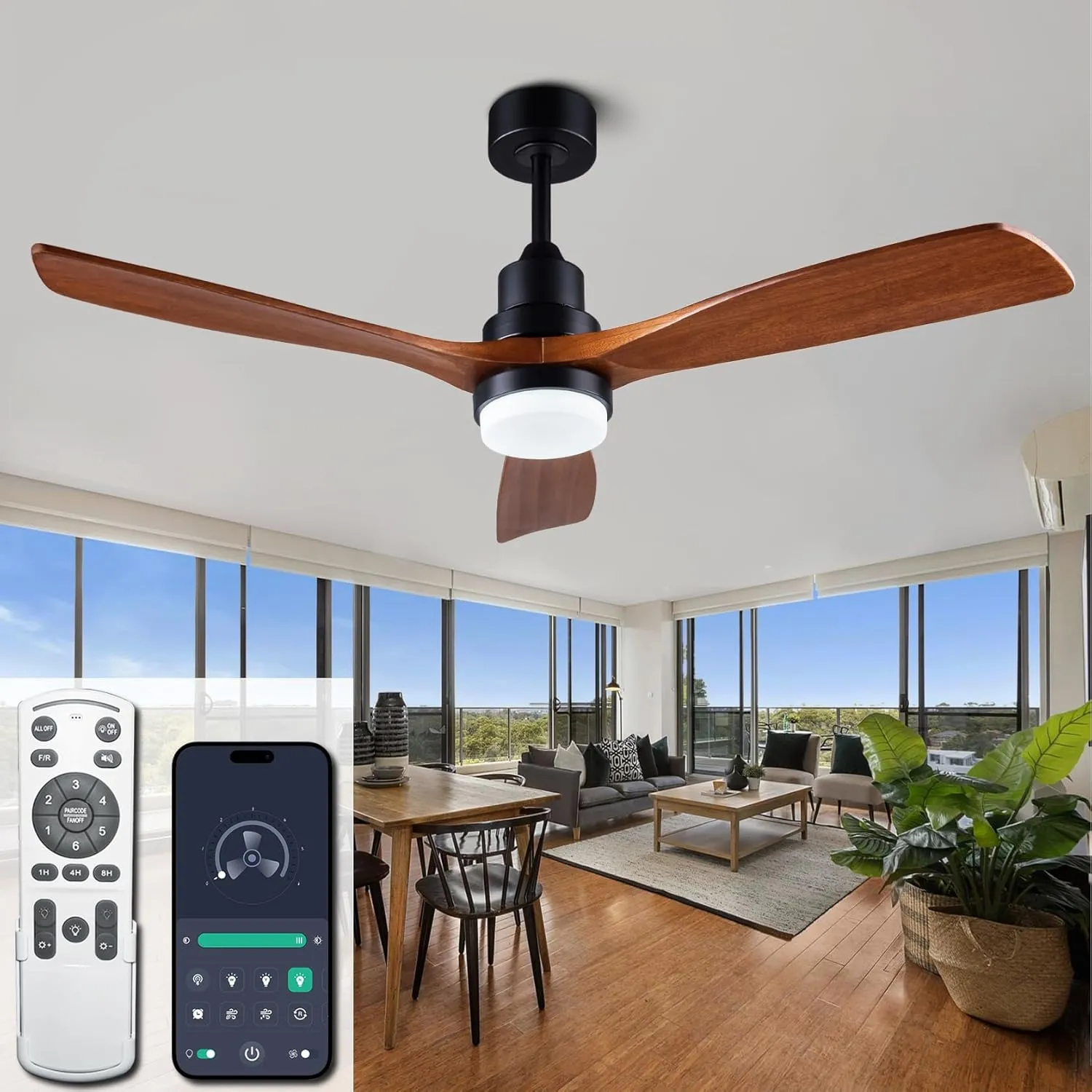 52 solid wood ceiling fans with light 6 speeds remote/app control, solid wood ceiling fan with memory led dimmable color adjustable, quiet ceiling fan for living room, dining room. App-controlled remote fan for convenience