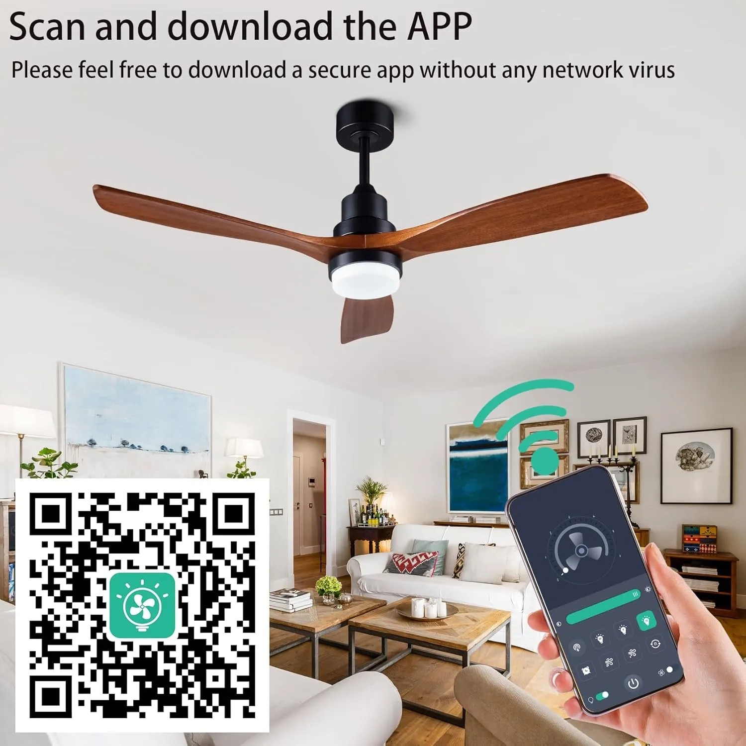 52 solid wood ceiling fans with light 6 speeds remote/app control, solid wood ceiling fan with memory led dimmable color adjustable, quiet ceiling fan for living room, dining room.