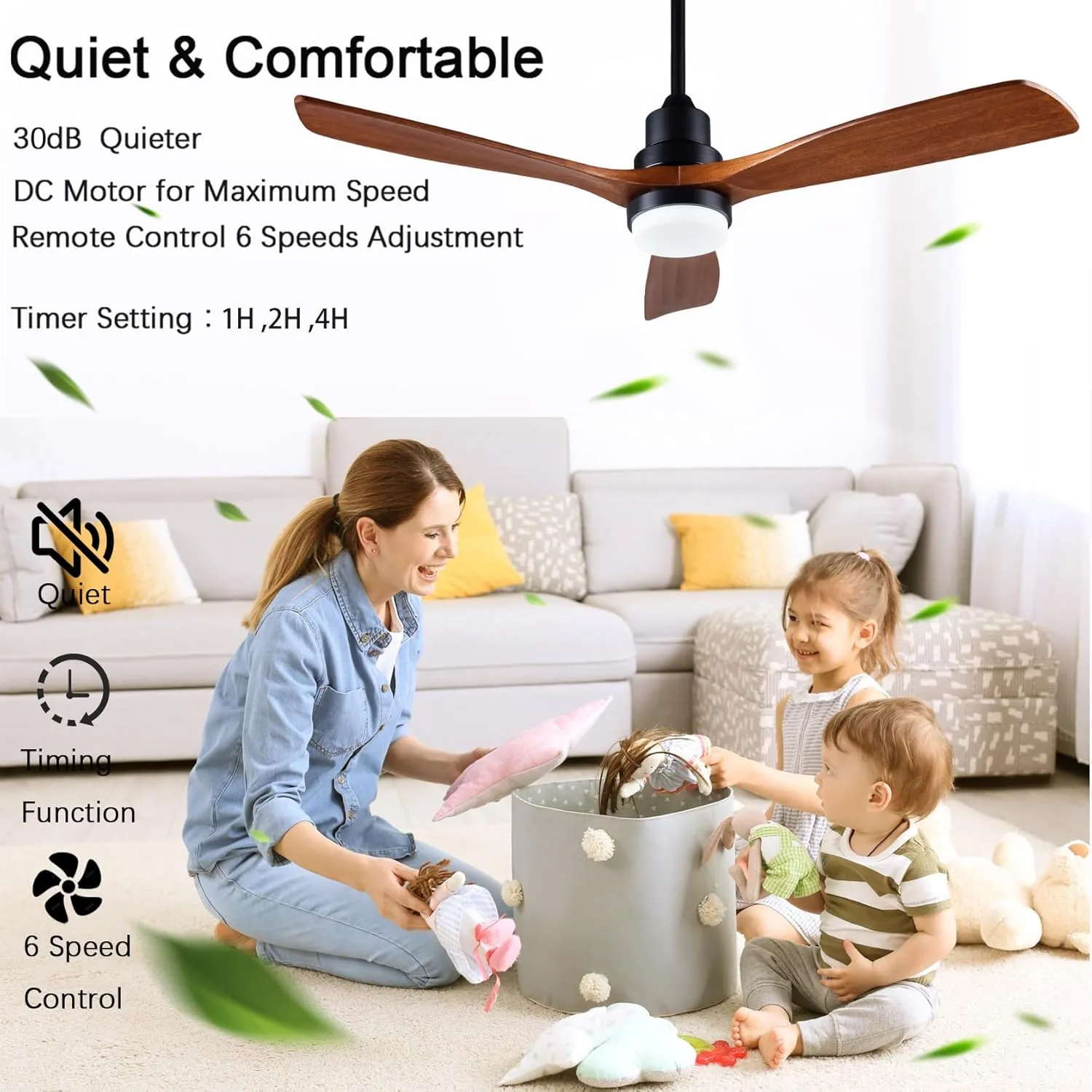 52 solid wood ceiling fans with light 6 speeds remote/app control, solid wood ceiling fan with memory led dimmable color adjustable, quiet ceiling fan for living room, dining room.