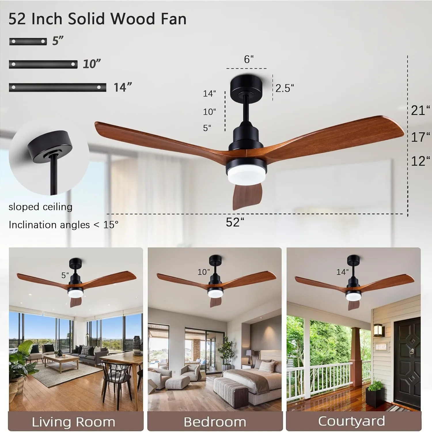 52 solid wood ceiling fans with light 6 speeds remote/app control, solid wood ceiling fan with memory led dimmable color adjustable, quiet ceiling fan for living room, dining room.