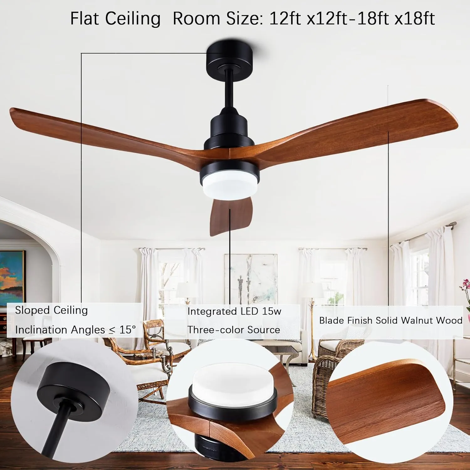 52 solid wood ceiling fans with light 6 speeds remote/app control, solid wood ceiling fan with memory led dimmable color adjustable, quiet ceiling fan for living room, dining room.