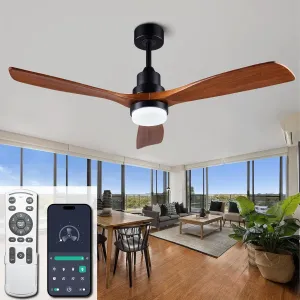 52 solid wood ceiling fans with light 6 speeds remote/app control, solid wood ceiling fan with memory led dimmable color adjustable, quiet ceiling fan for living room, dining room. App-controlled remote fan for convenience