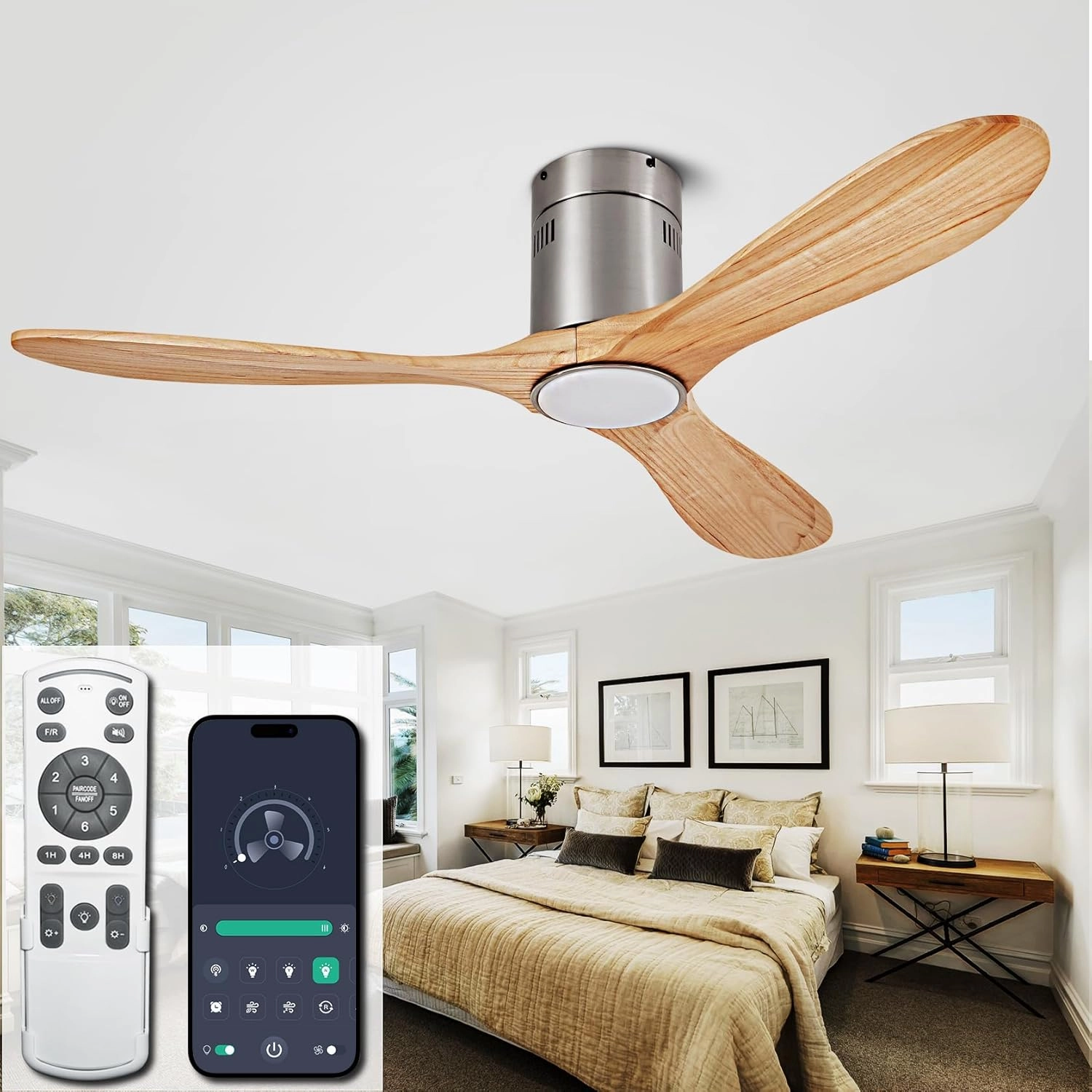 52 Ceiling Fan with Light with 6 Speed Remote/APP Control, Solid Wood Fan Blade, 3CCT Dimmable LED, Noiseless, Bedroom, Hallway Recessed Ceiling Fan App-controlled remote fan for convenience