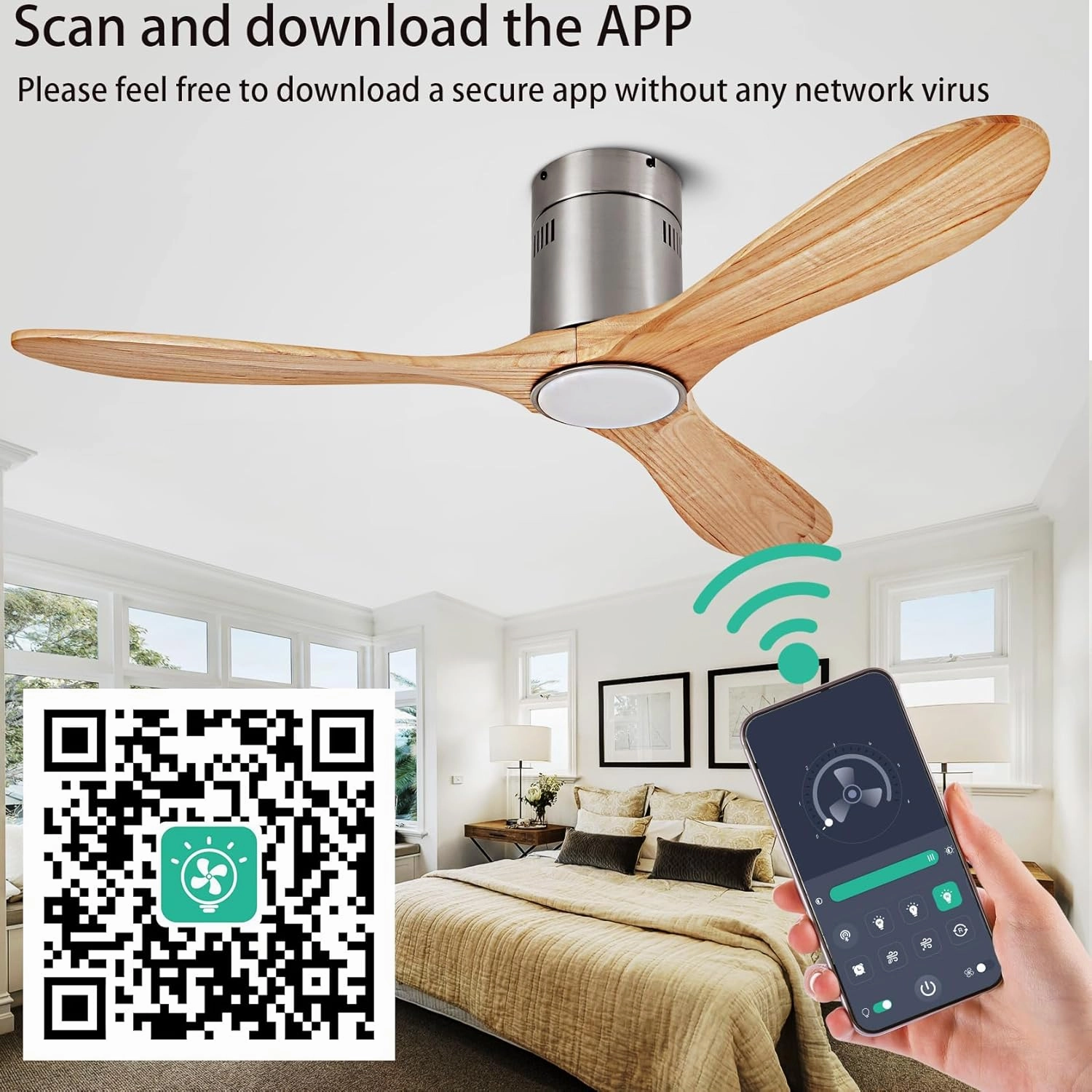 52 Ceiling Fan with Light with 6 Speed Remote/APP Control, Solid Wood Fan Blade, 3CCT Dimmable LED, Noiseless, Bedroom, Hallway Recessed Ceiling Fan