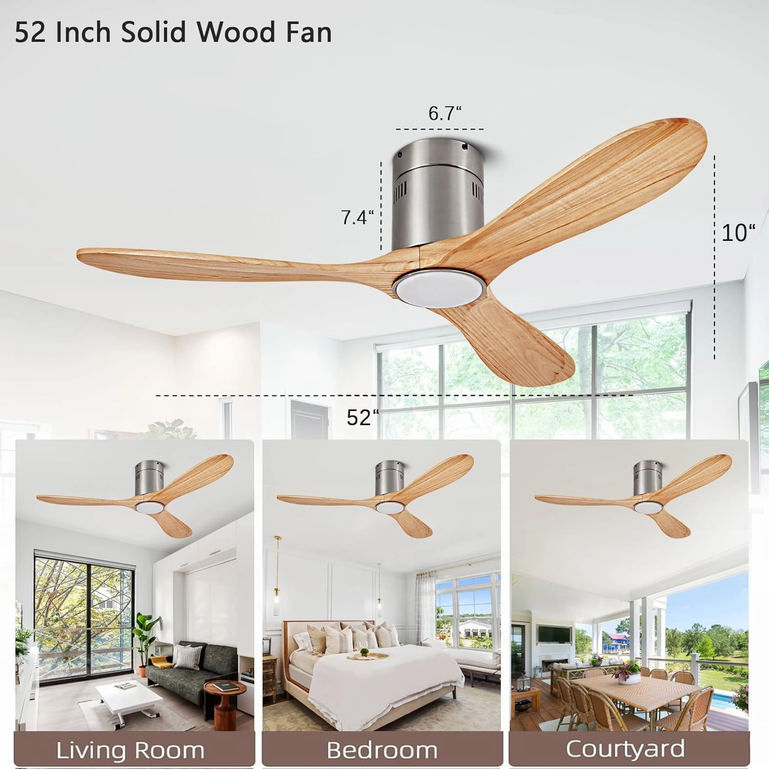 52 Ceiling Fan with Light with 6 Speed Remote/APP Control, Solid Wood Fan Blade, 3CCT Dimmable LED, Noiseless, Bedroom, Hallway Recessed Ceiling Fan