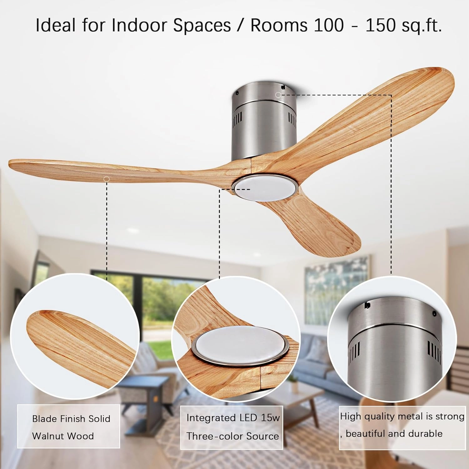 52 Ceiling Fan with Light with 6 Speed Remote/APP Control, Solid Wood Fan Blade, 3CCT Dimmable LED, Noiseless, Bedroom, Hallway Recessed Ceiling Fan