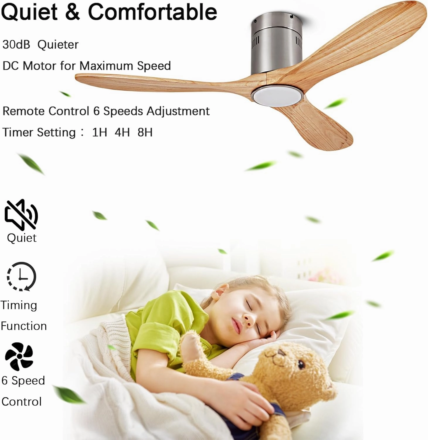 52 Ceiling Fan with Light with 6 Speed Remote/APP Control, Solid Wood Fan Blade, 3CCT Dimmable LED, Noiseless, Bedroom, Hallway Recessed Ceiling Fan