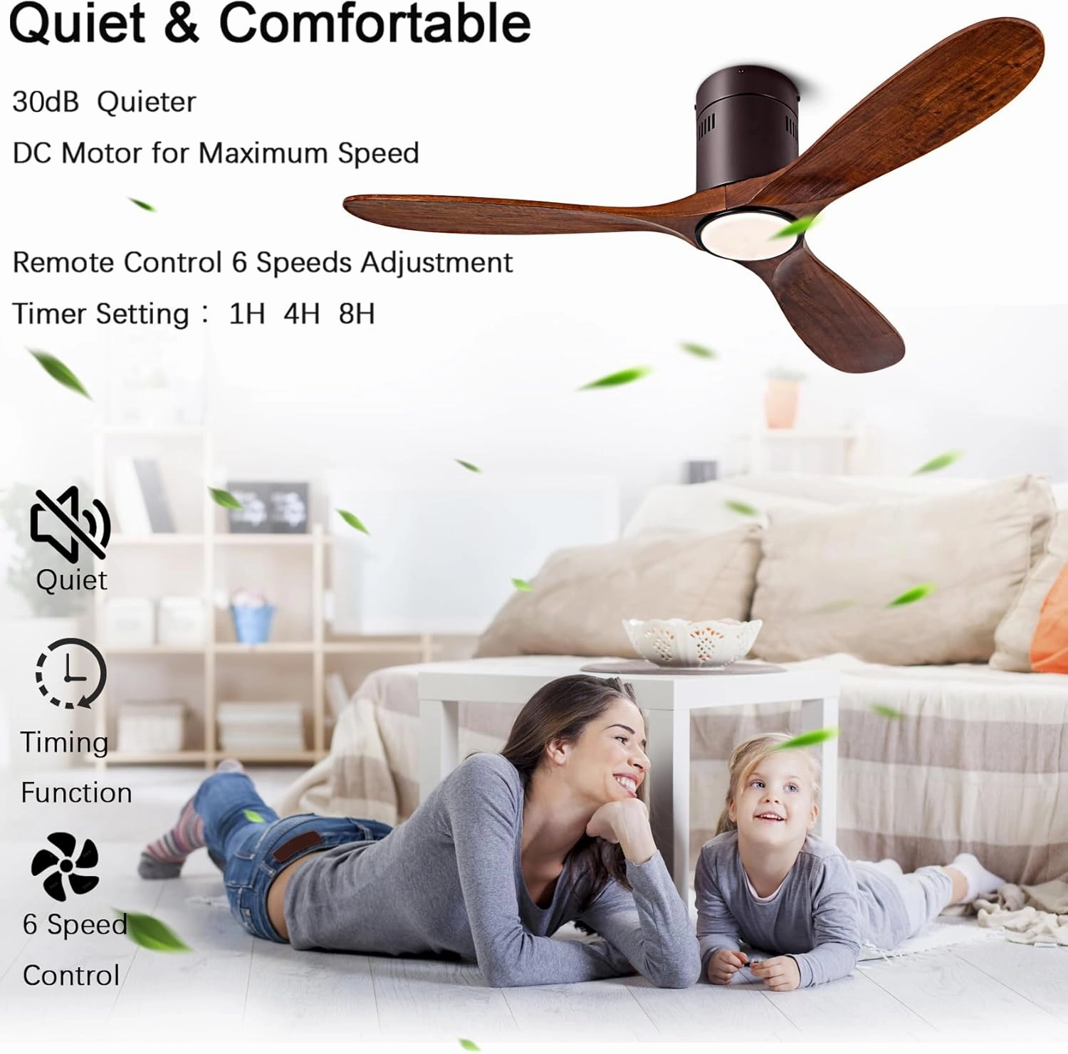 52 Ceiling Fan with Light with 6 Speed Remote/APP Control, Solid Wood Fan Blade, 3CCT Dimmable LED, Silent, Recessed Ceiling Fan for Bedroom, Hallway