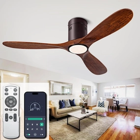 52 Ceiling Fan with Light with 6 Speed Remote/APP Control, Solid Wood Fan Blade, 3CCT Dimmable LED, Silent, Recessed Ceiling Fan for Bedroom, Hallway App-controlled remote fan for convenience