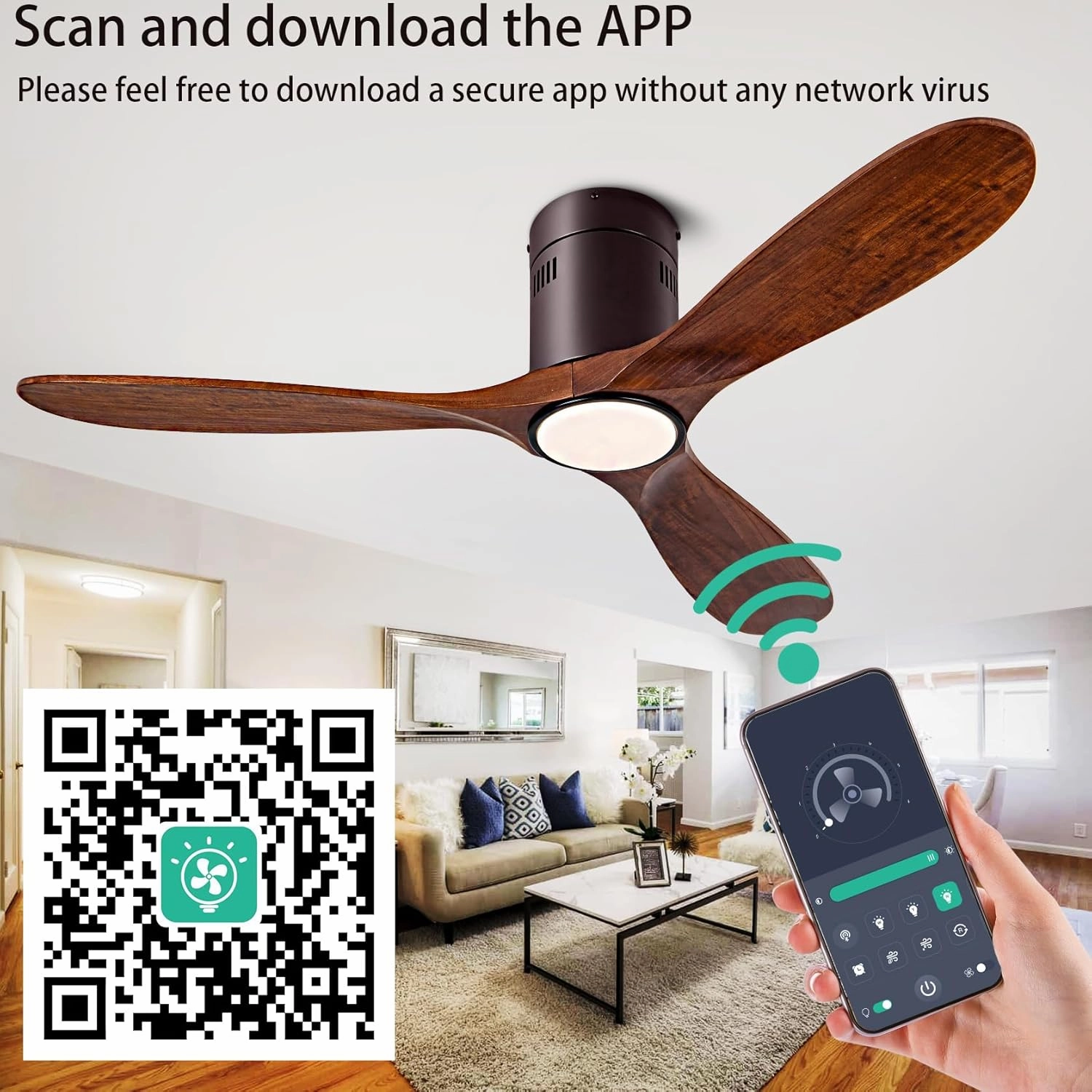52 Ceiling Fan with Light with 6 Speed Remote/APP Control, Solid Wood Fan Blade, 3CCT Dimmable LED, Silent, Recessed Ceiling Fan for Bedroom, Hallway
