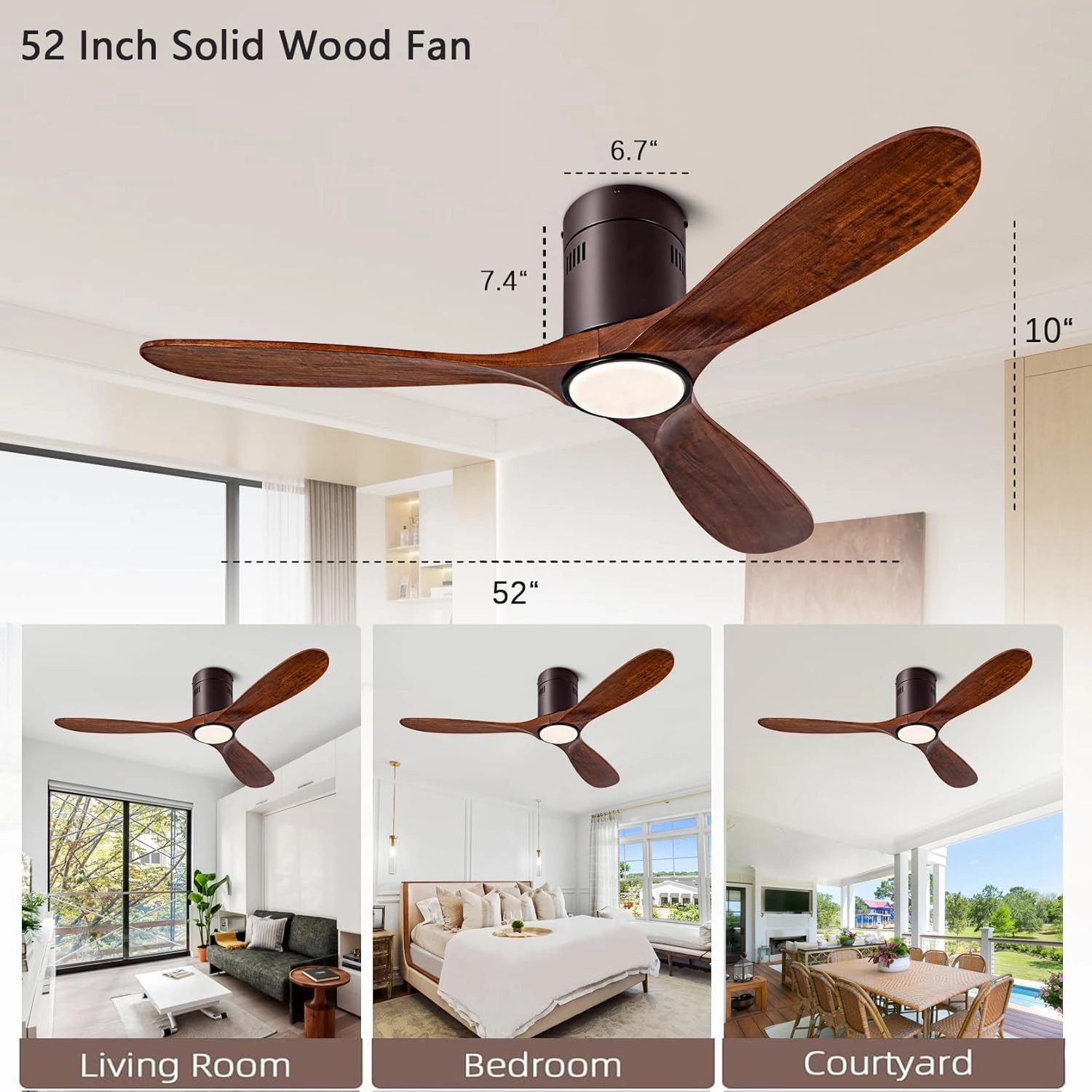 52 Ceiling Fan with Light with 6 Speed Remote/APP Control, Solid Wood Fan Blade, 3CCT Dimmable LED, Silent, Recessed Ceiling Fan for Bedroom, Hallway