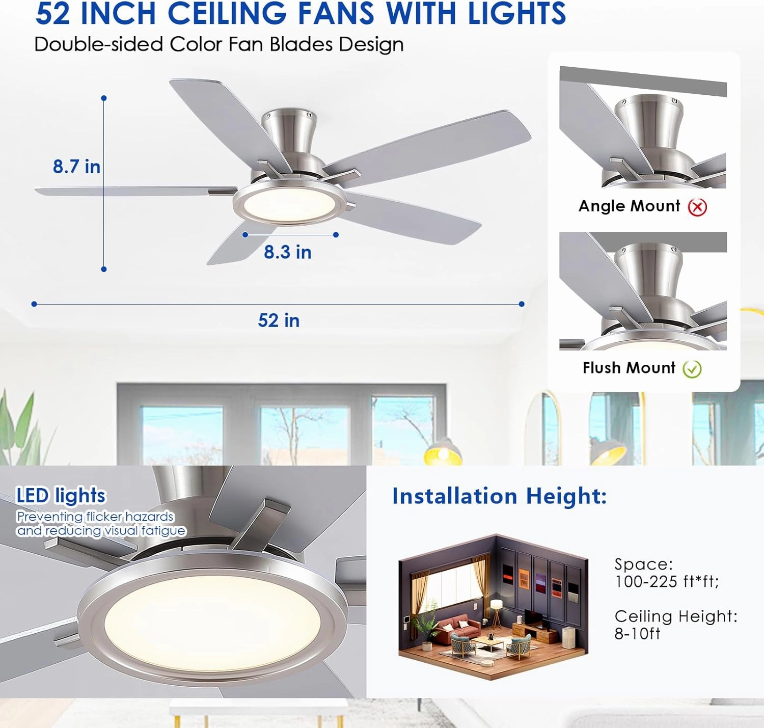 52 Ceiling Fan with Lights and Remote/APP - Flush Mount Low Profile Ceiling Fan Light with 3CCT Dimmable, 6 Speeds Reversible, Modern Fan Light Fixture for Indoor, Covered Patios, Nickel