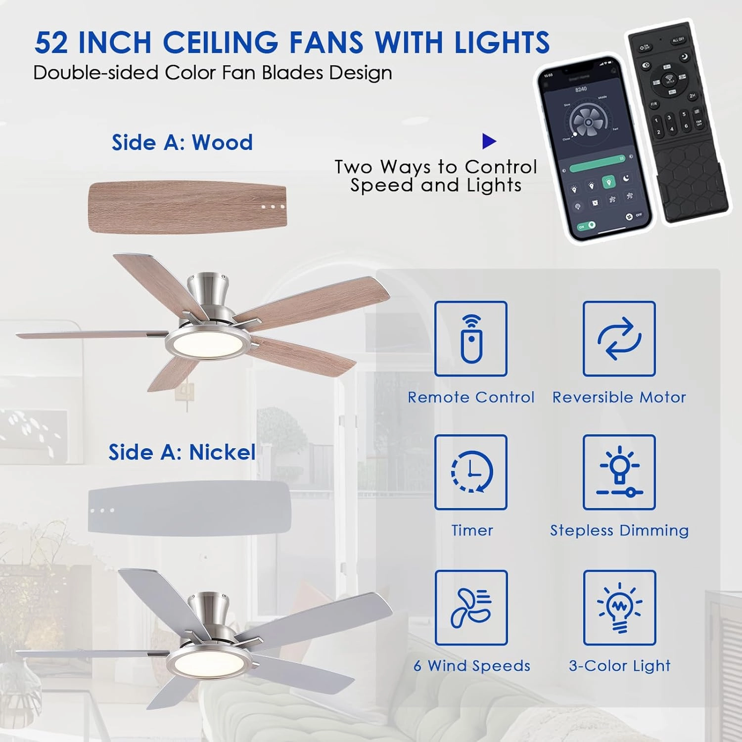 52 Ceiling Fan with Lights and Remote/APP - Flush Mount Low Profile Ceiling Fan Light with 3CCT Dimmable, 6 Speeds Reversible, Modern Fan Light Fixture for Indoor, Covered Patios, Nickel