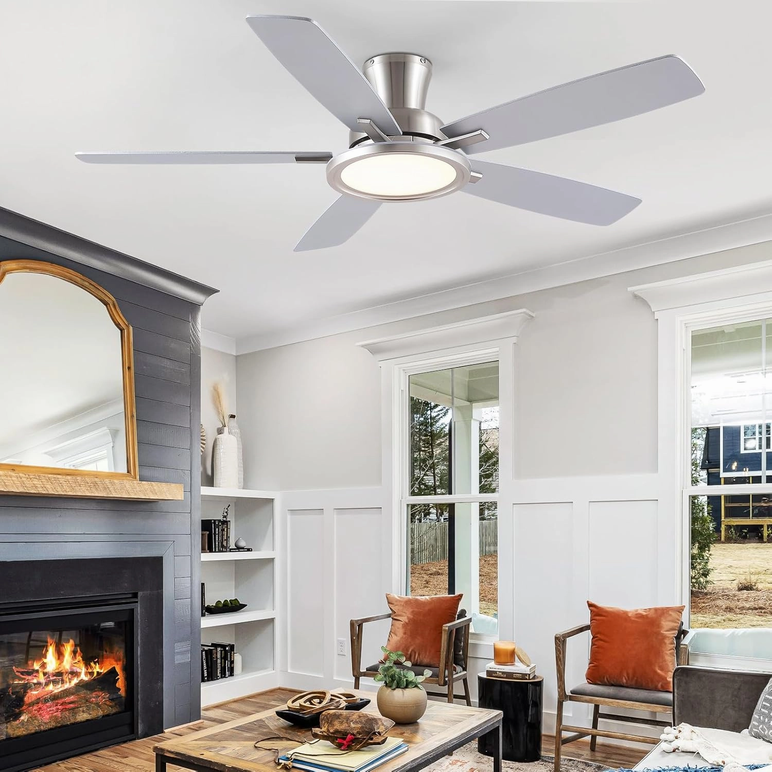 52 Ceiling Fan with Lights and Remote/APP - Flush Mount Low Profile Ceiling Fan Light with 3CCT Dimmable, 6 Speeds Reversible, Modern Fan Light Fixture for Indoor, Covered Patios, Nickel