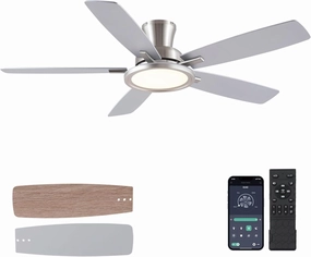 52 Ceiling Fan with Lights and Remote/APP - Flush Mount Low Profile Ceiling Fan Light with 3CCT Dimmable, 6 Speeds Reversible, Modern Fan Light Fixture for Indoor, Covered Patios, Nickel App-controlled remote fan for convenience