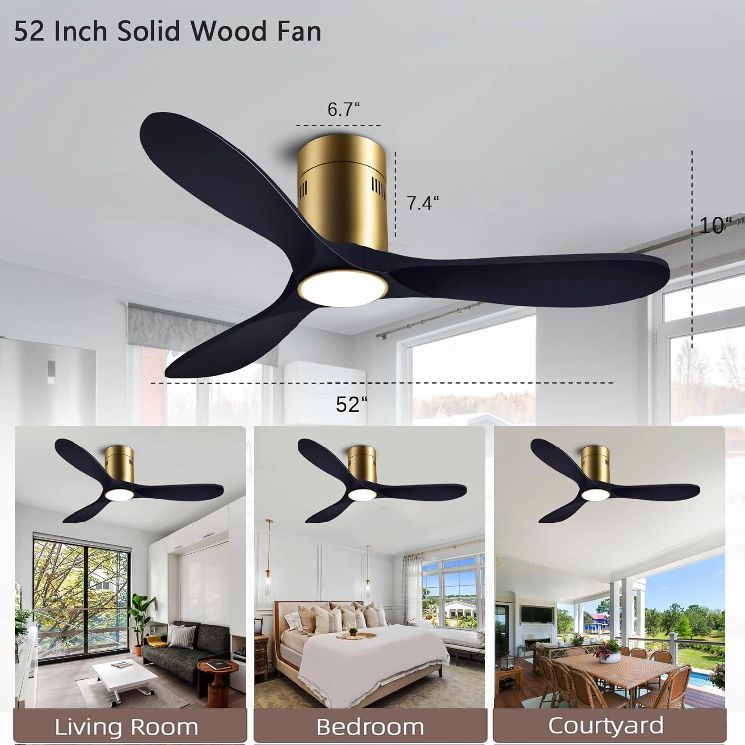 52 Ceiling Fans with Light with 6 Speed Remote/APP Control, Solid Wood Fan Blade, 3CCT Dimmable LED, Silent, Recessed Ceiling Fan for Bedroom, Hallway