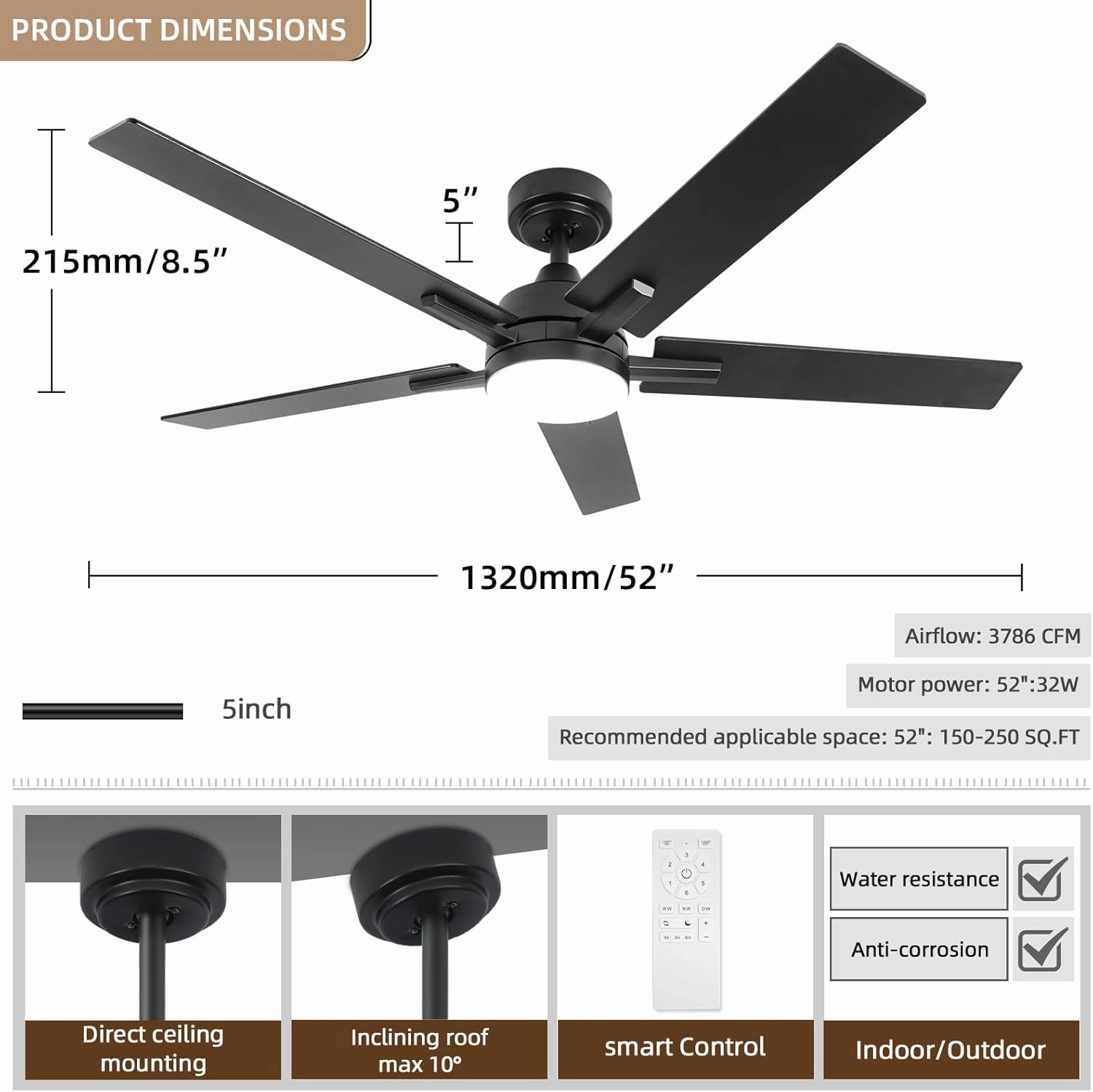 52 Inch Ceiling Fan, Smart Ceiling Fan with Remote/APP, Black Ceiling Fan with 6-Speeds Reversible Motor, Alexa Ceiling Fan with 5 Two-sided Blades Dimmable Noiseless for Indoor Bedroom/Outdoor