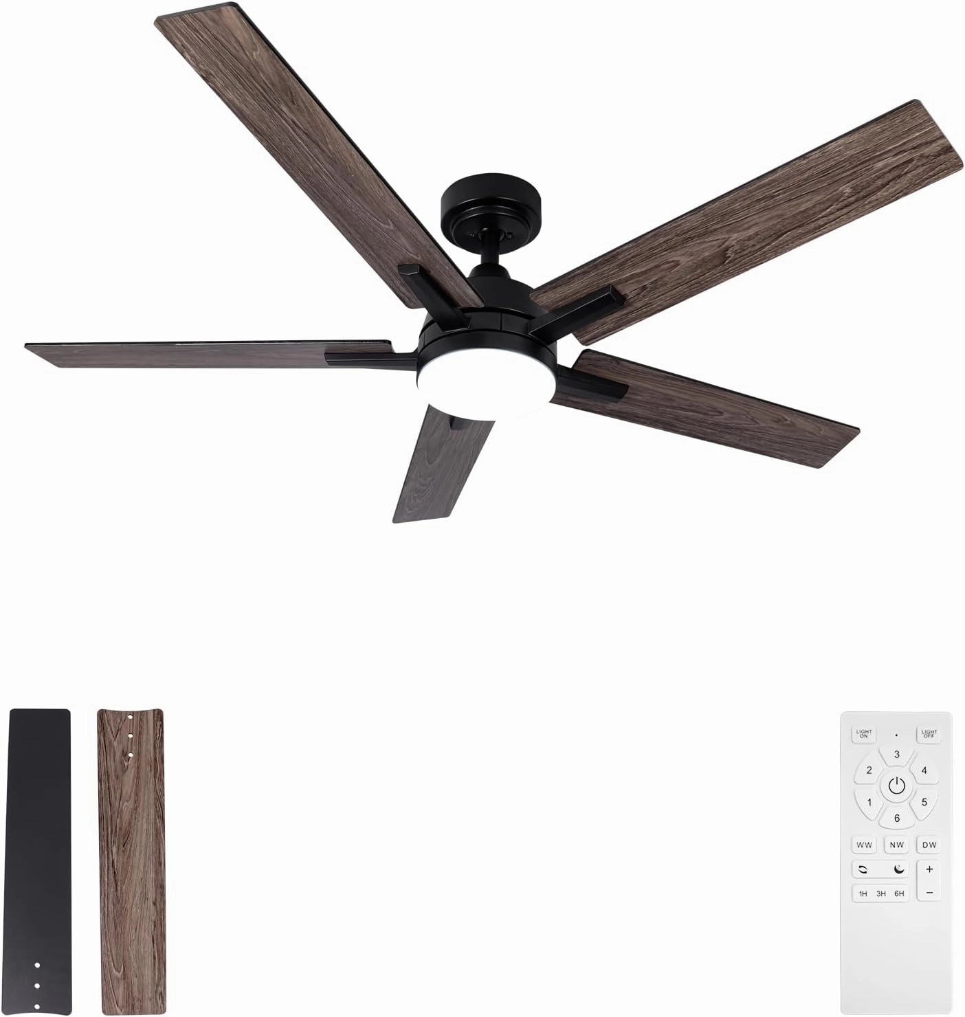 52 Inch Ceiling Fan, Smart Ceiling Fan with Remote/APP, Black Ceiling Fan with 6-Speeds Reversible Motor, Alexa Ceiling Fan with 5 Two-sided Blades Dimmable Noiseless for Indoor Bedroom/Outdoor