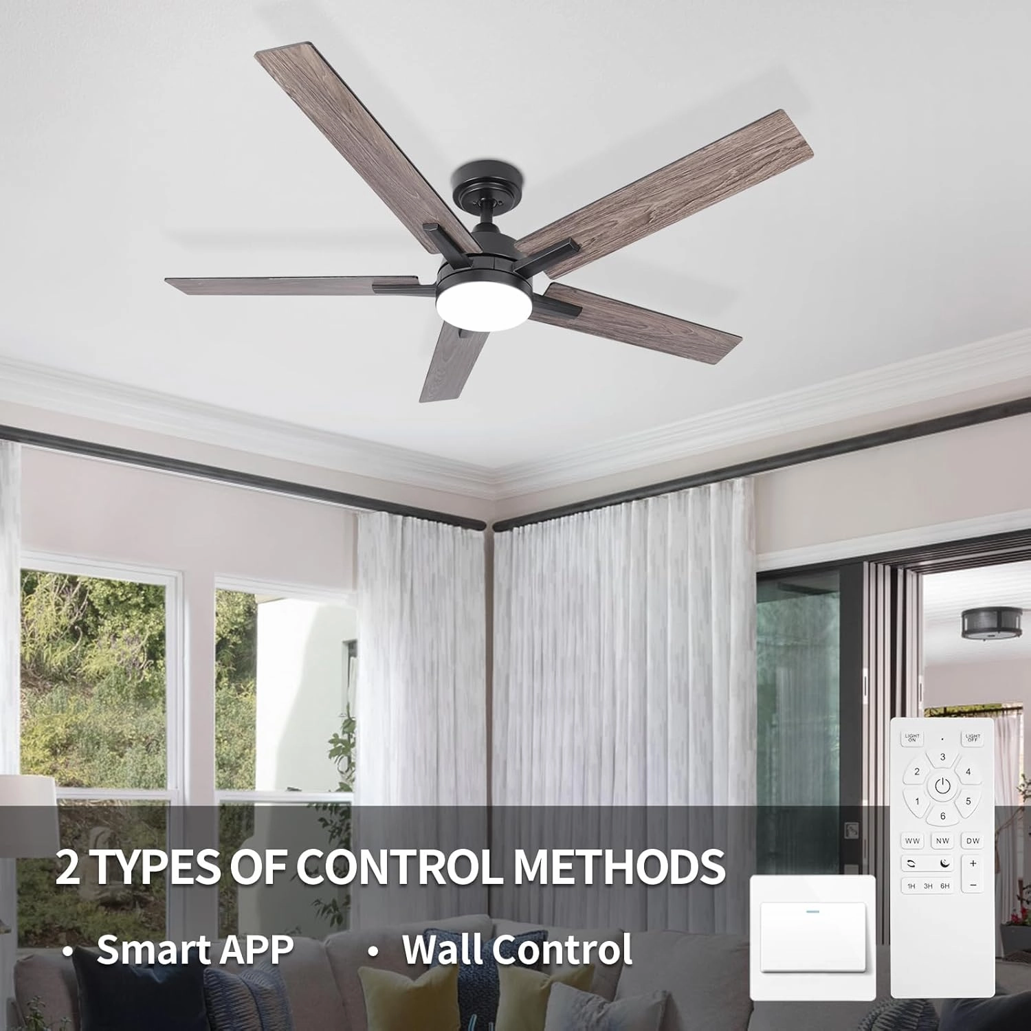 52 Inch Ceiling Fan, Smart Ceiling Fan with Remote/APP, Black Ceiling Fan with 6-Speeds Reversible Motor, Alexa Ceiling Fan with 5 Two-sided Blades Dimmable Noiseless for Indoor Bedroom/Outdoor