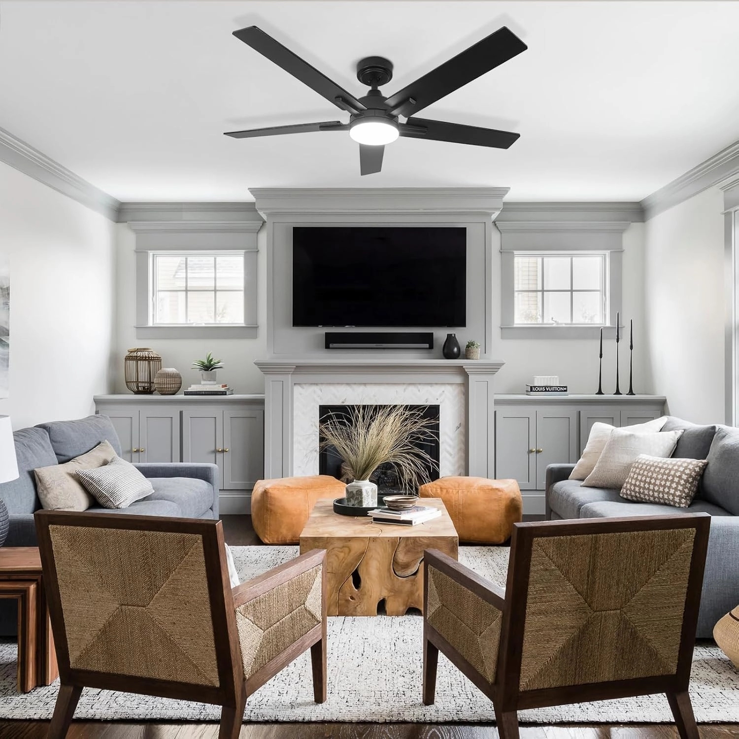 52 Inch Ceiling Fan, Smart Ceiling Fan with Remote/APP, Black Ceiling Fan with 6-Speeds Reversible Motor, Alexa Ceiling Fan with 5 Two-sided Blades Dimmable Noiseless for Indoor Bedroom/Outdoor