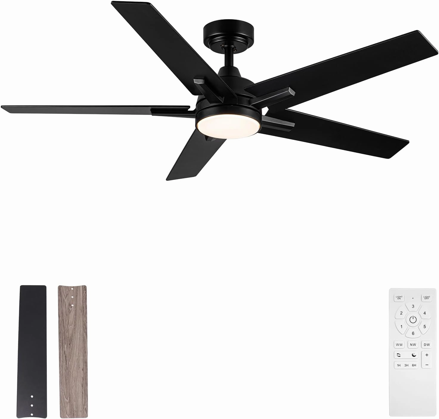 52 Inch Ceiling Fan, Smart Ceiling Fan with Remote/APP, Black Ceiling Fan with 6-Speeds Reversible Motor, Alexa Ceiling Fan with 5 Two-sided Blades Dimmable Noiseless for Indoor Bedroom/Outdoor App-controlled remote fan for convenience