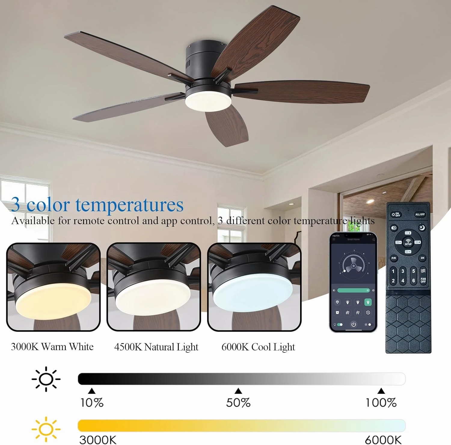 52-inch Ceiling Fan with Light and Remote/App Control, Flush Mount Low Profile, Reversible DC Motor, Brown Modern Ceiling Fan with Light, Dimmable,Noiseless,for Bedroom Living Room