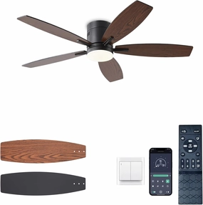 52-inch Ceiling Fan with Light and Remote/App Control, Flush Mount Low Profile, Reversible DC Motor, Brown Modern Ceiling Fan with Light, Dimmable,Noiseless,for Bedroom Living Room App-controlled remote fan for convenience