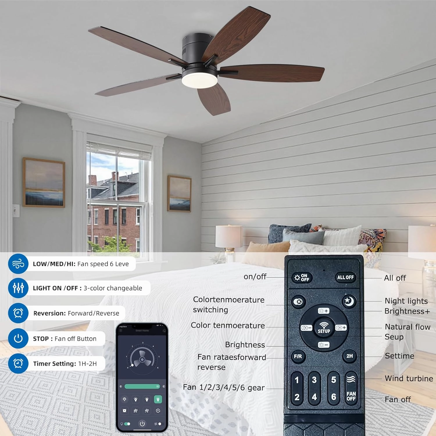 52-inch Ceiling Fan with Light and Remote/App Control, Flush Mount Low Profile, Reversible DC Motor, Brown Modern Ceiling Fan with Light, Dimmable,Noiseless,for Bedroom Living Room