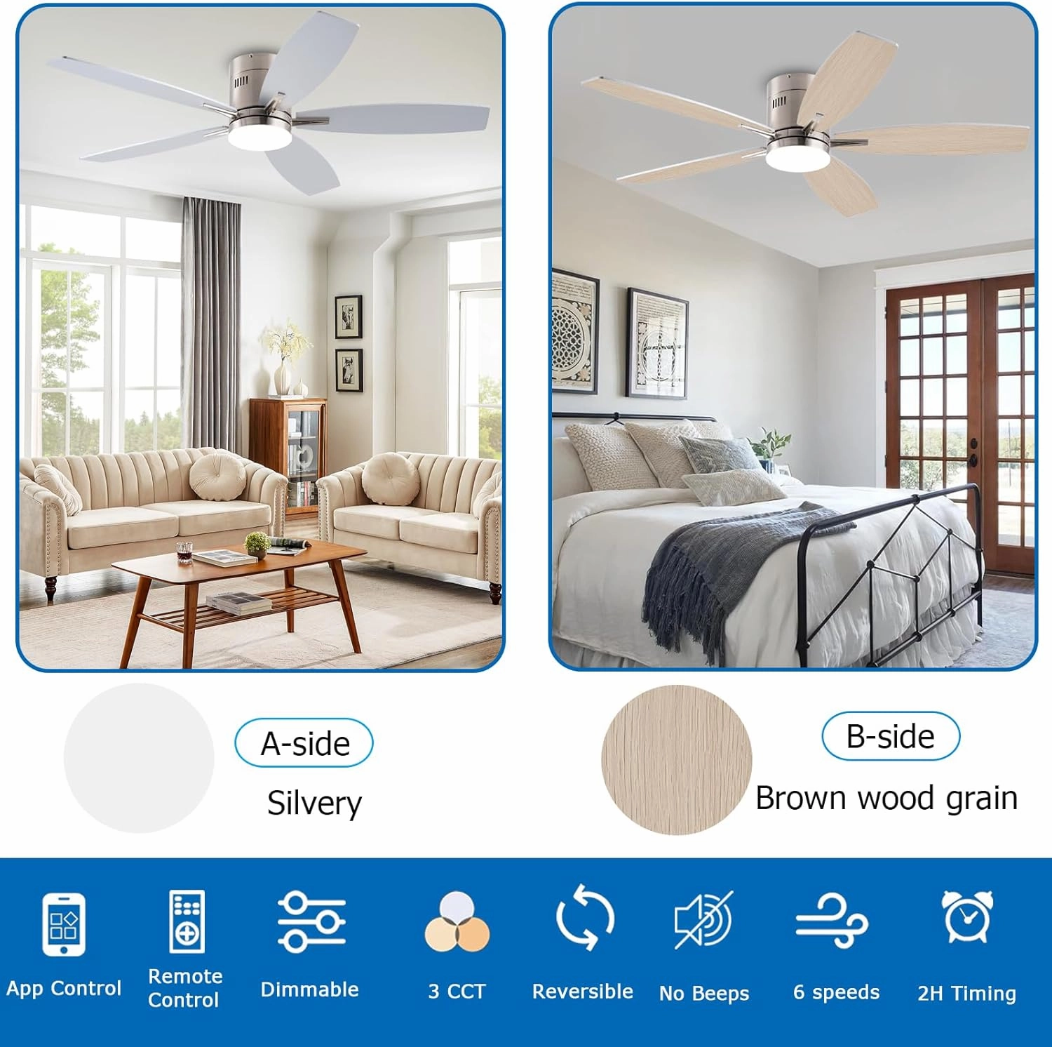 52-inch Ceiling Fan with Light and Remote/App Control, Flush Mount Low Profile, Reversible DC Motor, Nickel Modern Ceiling Fan with Light, Dimmable,Noiseless,for Bedroom Living Room