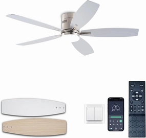 52-inch Ceiling Fan with Light and Remote/App Control, Flush Mount Low Profile, Reversible DC Motor, Nickel Modern Ceiling Fan with Light, Dimmable,Noiseless,for Bedroom Living Room App-controlled remote fan for convenience