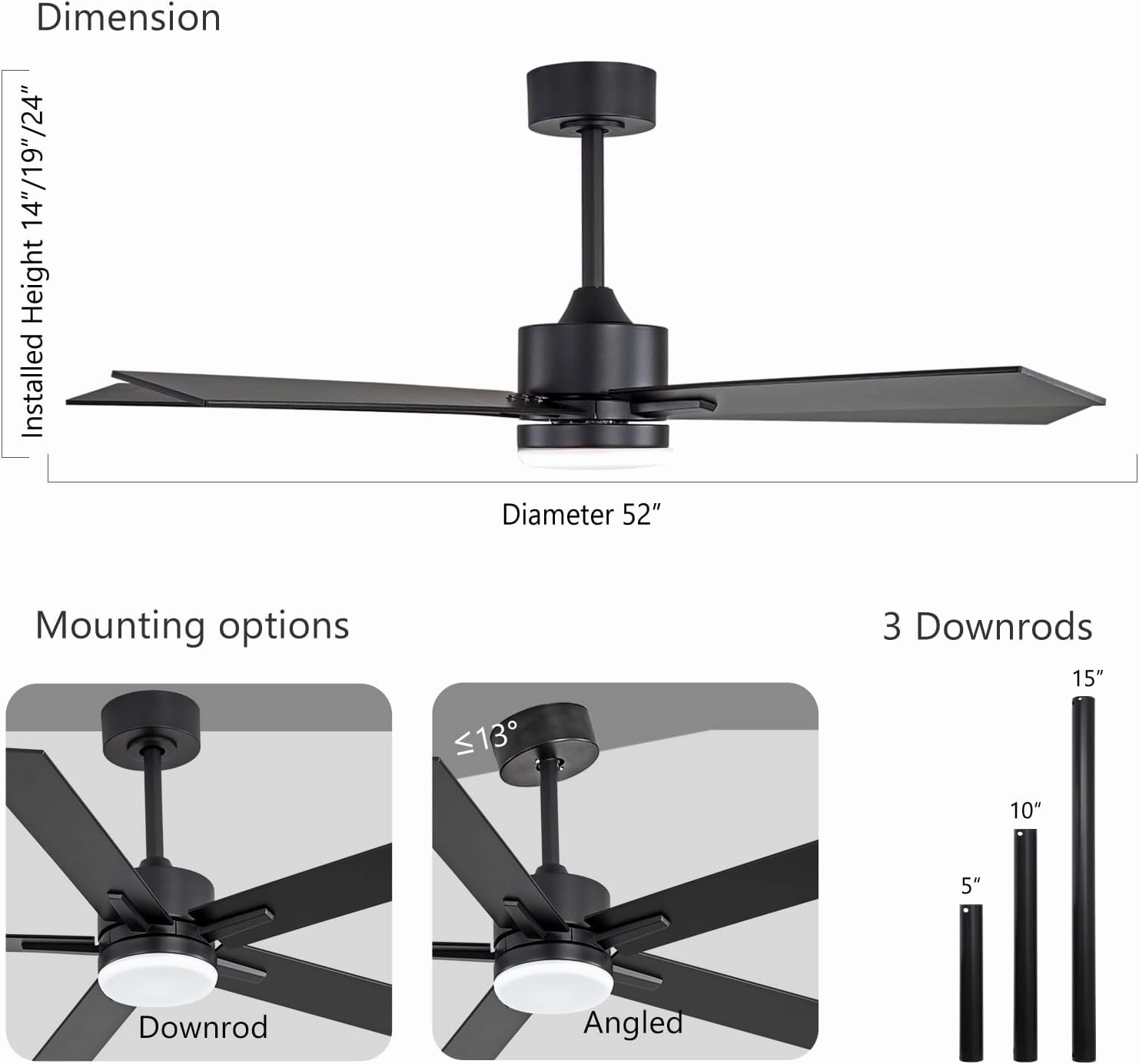 52 Inch Ceiling Fan with Lights and Remote, Smart Ceiling Fan with App Control, Voice Control, Reversible Quiet DC Motor, 3CCT Dimmable LED Light, Black Low Profile Fan for Bedroom Living Room