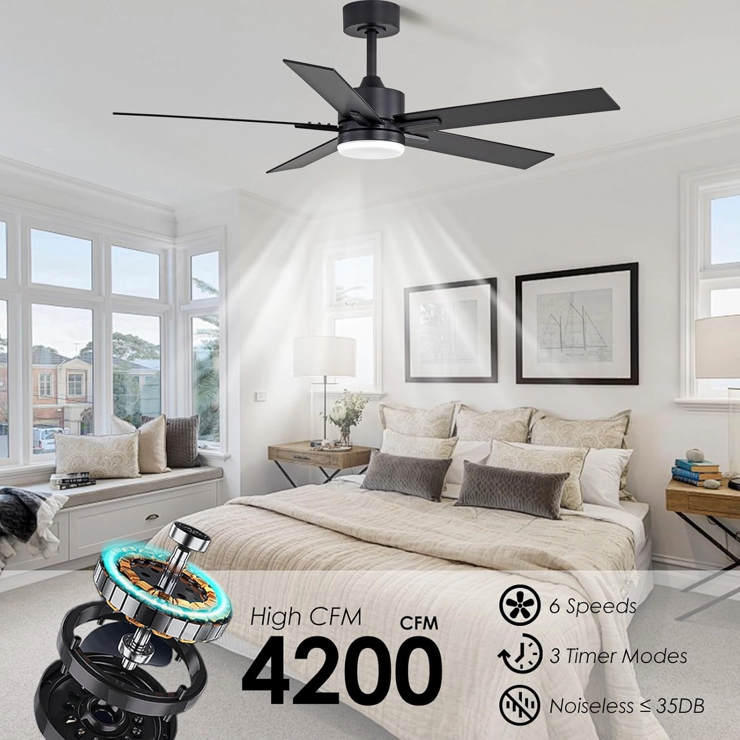 52 Inch Ceiling Fan with Lights and Remote, Smart Ceiling Fan with App Control, Voice Control, Reversible Quiet DC Motor, 3CCT Dimmable LED Light, Black Low Profile Fan for Bedroom Living Room