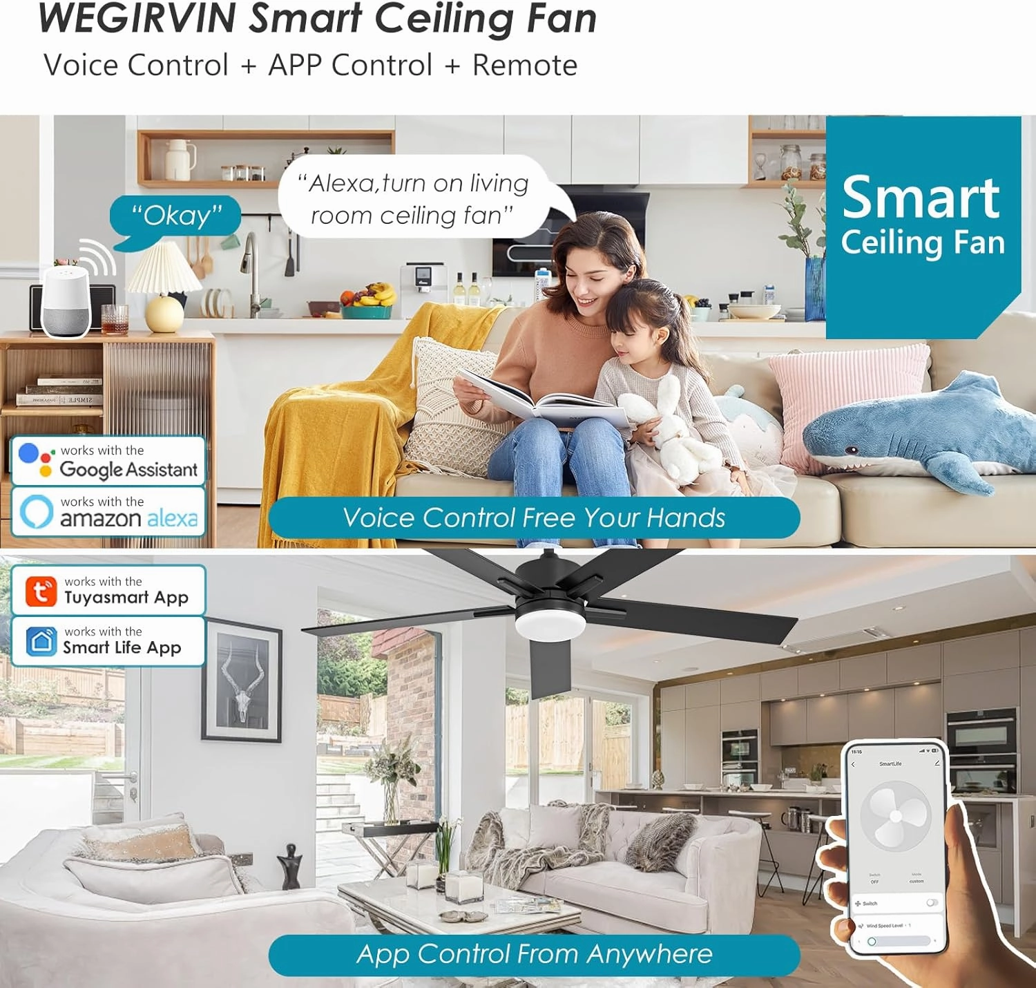 52 Inch Ceiling Fan with Lights and Remote, Smart Ceiling Fan with App Control, Voice Control, Reversible Quiet DC Motor, 3CCT Dimmable LED Light, Black Low Profile Fan for Bedroom Living Room
